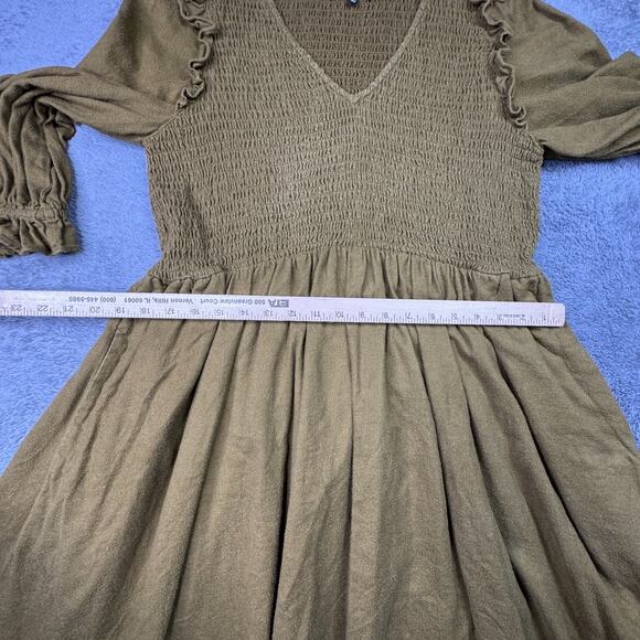 Madewell Flannel Lucie V-Neck Smocked Mini Dress Cottagecore XL Ruffle Green - Picture 6 of 9